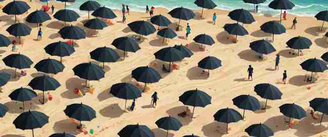 Beach full of black umbrellas