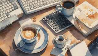 Office job in home with coffee cup
