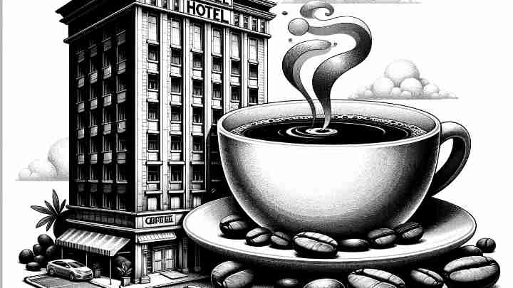 illustration of a giant cup of cofee next to a hotel