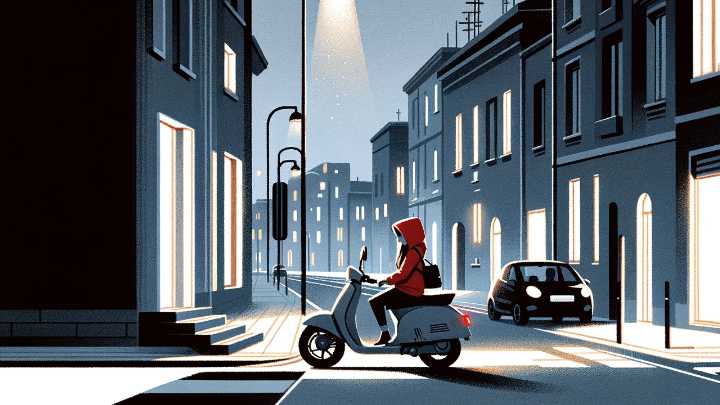 Lady in a red hooded riding a motorbike