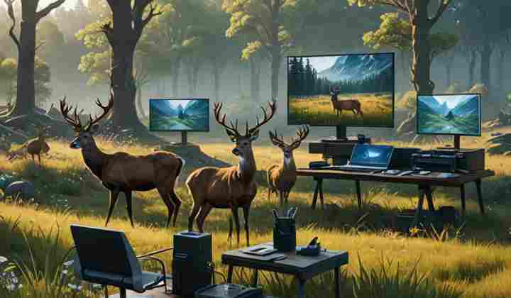 Deers gazing next to a programmers workstation
