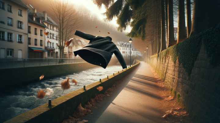 Jacket flying over the river in autumn on a windy day